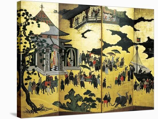 Arrival of Portuguese in Japan, Detail from Screen Decoration, Namban Art, Japan-null-Stretched Canvas