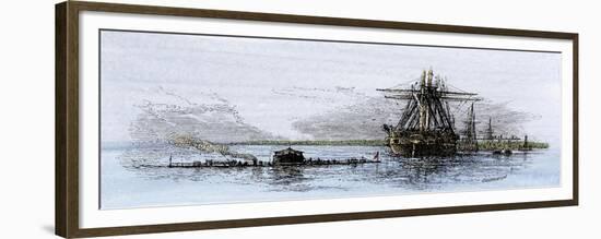 Arrival of the Union Ironclad, Monitor, at Hampton Roads, Virginia, c.1862-null-Framed Giclee Print