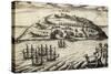 Arrival on the Island of Mocha, 1616, Engraving from Account of Joris Van Spilbergen's Expedition-null-Stretched Canvas