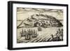 Arrival on the Island of Mocha, 1616, Engraving from Account of Joris Van Spilbergen's Expedition-null-Framed Giclee Print