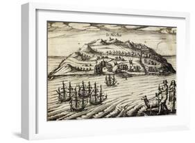 Arrival on the Island of Mocha, 1616, Engraving from Account of Joris Van Spilbergen's Expedition-null-Framed Giclee Print