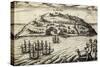 Arrival on the Island of Mocha, 1616, Engraving from Account of Joris Van Spilbergen's Expedition-null-Stretched Canvas