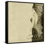 Art Autumn Background With Beautiful Young Woman In Party Black Dress With Clutch Bag In Sepia-Irina QQQ-Framed Stretched Canvas