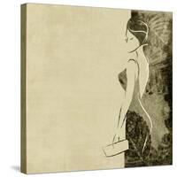 Art Autumn Background With Beautiful Young Woman In Party Black Dress With Clutch Bag In Sepia-Irina QQQ-Stretched Canvas