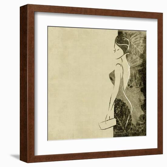 Art Autumn Background With Beautiful Young Woman In Party Black Dress With Clutch Bag In Sepia-Irina QQQ-Framed Art Print