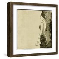 Art Autumn Background With Beautiful Young Woman In Party Black Dress With Clutch Bag In Sepia-Irina QQQ-Framed Art Print