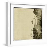 Art Autumn Background With Beautiful Young Woman In Party Black Dress With Clutch Bag In Sepia-Irina QQQ-Framed Art Print