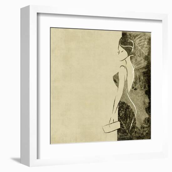 Art Autumn Background With Beautiful Young Woman In Party Black Dress With Clutch Bag In Sepia-Irina QQQ-Framed Art Print