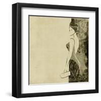 Art Autumn Background With Beautiful Young Woman In Party Black Dress With Clutch Bag In Sepia-Irina QQQ-Framed Art Print