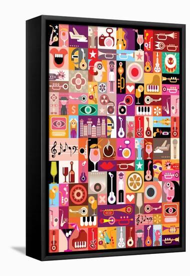 Art Collage, Musical Vector Illustration. Patchwork Seamless Wallpaper.-danjazzia-Framed Stretched Canvas