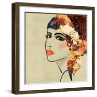 Art Colorful Sketching Beautiful Girl Face On Sepia Background, In Art Deco Style-Irina QQQ-Framed Art Print