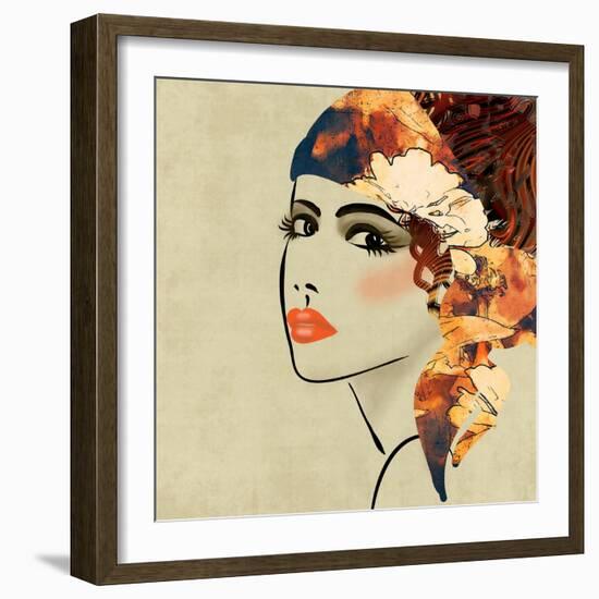 Art Colorful Sketching Beautiful Girl Face On Sepia Background, In Art Deco Style-Irina QQQ-Framed Art Print