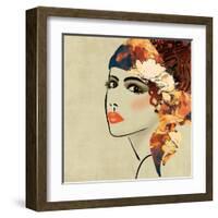 Art Colorful Sketching Beautiful Girl Face On Sepia Background, In Art Deco Style-Irina QQQ-Framed Art Print