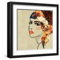 Art Colorful Sketching Beautiful Girl Face On Sepia Background, In Art Deco Style-Irina QQQ-Framed Art Print