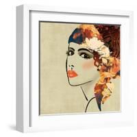 Art Colorful Sketching Beautiful Girl Face On Sepia Background, In Art Deco Style-Irina QQQ-Framed Art Print