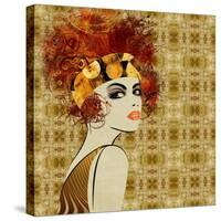 Art Colorful Sketching Beautiful Girl Face On Sepia Ornamental Background, In Art Deco Style-Irina QQQ-Stretched Canvas