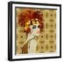 Art Colorful Sketching Beautiful Girl Face On Sepia Ornamental Background, In Art Deco Style-Irina QQQ-Framed Art Print