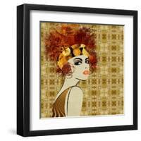 Art Colorful Sketching Beautiful Girl Face On Sepia Ornamental Background, In Art Deco Style-Irina QQQ-Framed Art Print