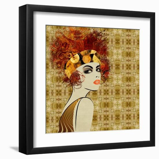 Art Colorful Sketching Beautiful Girl Face On Sepia Ornamental Background, In Art Deco Style-Irina QQQ-Framed Art Print