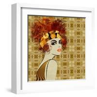 Art Colorful Sketching Beautiful Girl Face On Sepia Ornamental Background, In Art Deco Style-Irina QQQ-Framed Art Print