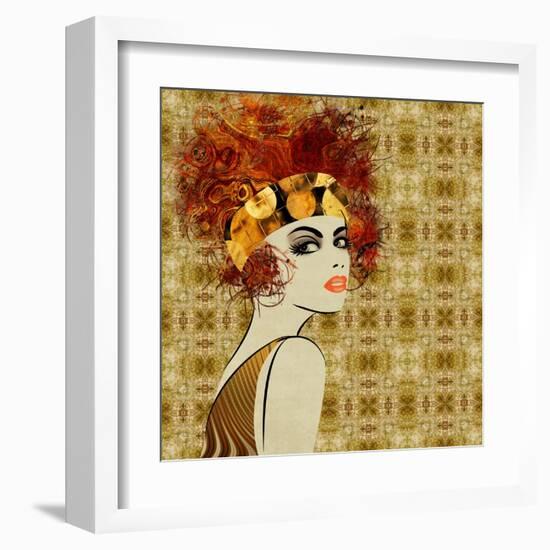 Art Colorful Sketching Beautiful Girl Face On Sepia Ornamental Background, In Art Deco Style-Irina QQQ-Framed Art Print