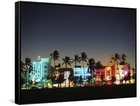 Art Deco Hotels at Dusk, Miami Beach, Florida, USA-Walter Bibikow-Framed Stretched Canvas