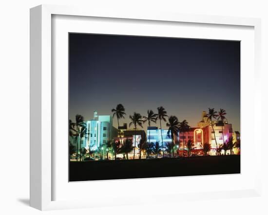 Art Deco Hotels at Dusk, Miami Beach, Florida, USA-Walter Bibikow-Framed Premium Photographic Print