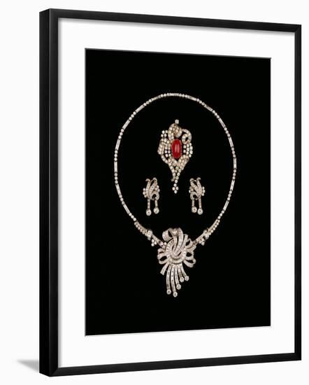 Art Deco Jewellery: Baguette Brooch Pendant, Cabochon Rscroll Brooch, Diamond Pendant Earrings-null-Framed Giclee Print