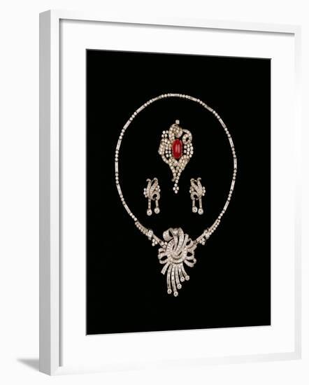 Art Deco Jewellery: Baguette Brooch Pendant, Cabochon Rscroll Brooch, Diamond Pendant Earrings-null-Framed Giclee Print