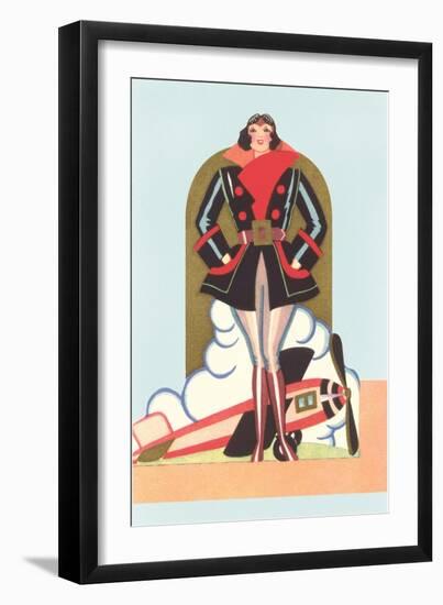 Art Deco Lady Pilot and Airplane-null-Framed Art Print