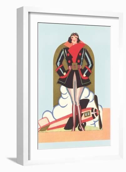Art Deco Lady Pilot and Airplane-null-Framed Art Print