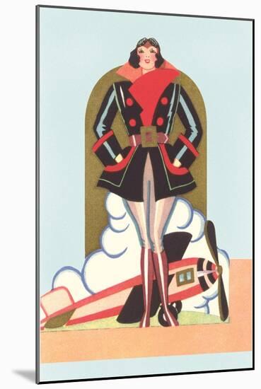 Art Deco Lady Pilot and Airplane-null-Mounted Art Print