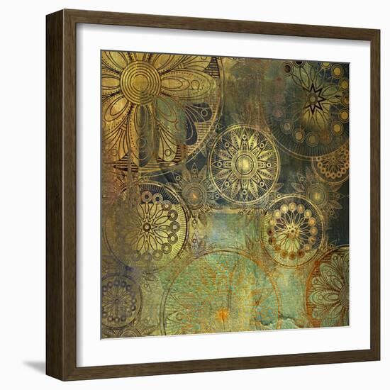 Art Grunge Stylized Damask Floral Pattern Background in Golden and Green Colors-Irina_QQQ-Framed Art Print