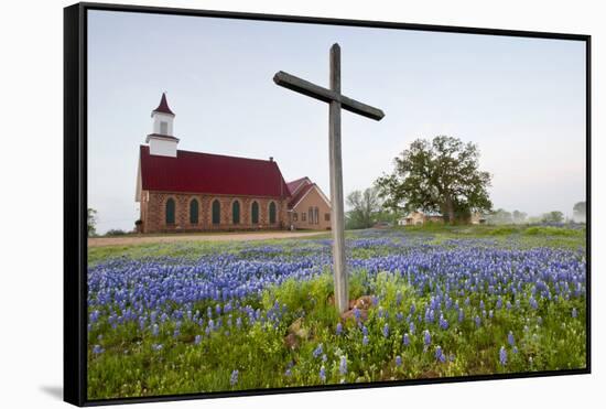 Art Methodist Church and Bluebonnets Near Mason, Texas, USA-Larry Ditto-Framed Stretched Canvas