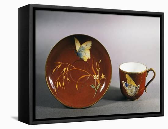 Art Nouveau Style Coffee Cup with Saucer Decorated with Butterfly on Red Ground, Circa 1885-Eugene Schopin-Framed Stretched Canvas