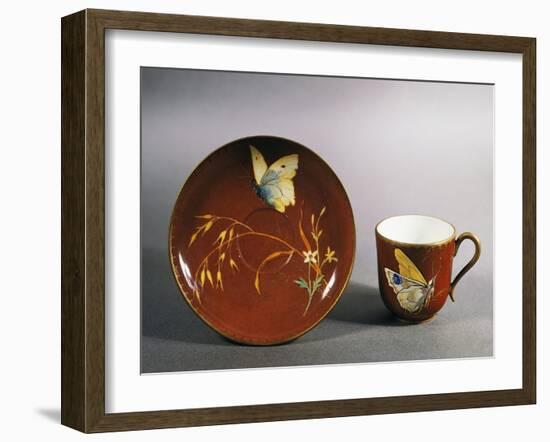 Art Nouveau Style Coffee Cup with Saucer Decorated with Butterfly on Red Ground, Circa 1885-Eugene Schopin-Framed Giclee Print