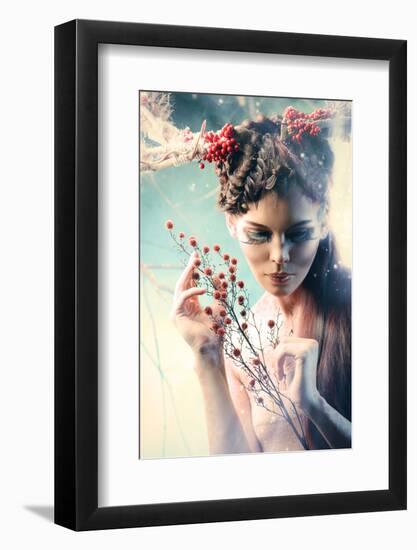 Art Project. Close-Up Portrait of a Beautiful Girl in the Image of a Wood Nymph Holds Branch Bush.-prometeus-Framed Photographic Print