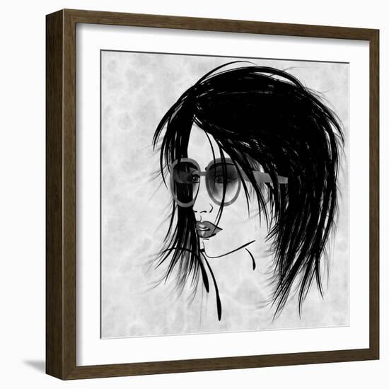 Art Sketched Beautiful Girl Face In Profile And Eyeglass In Black Graphic On White Background-Irina QQQ-Framed Art Print