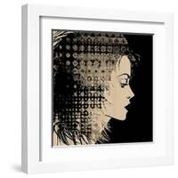 Art Sketched Beautiful Girl Face In Profile With Geometric Ornament Hair On Black Background-Irina QQQ-Framed Art Print