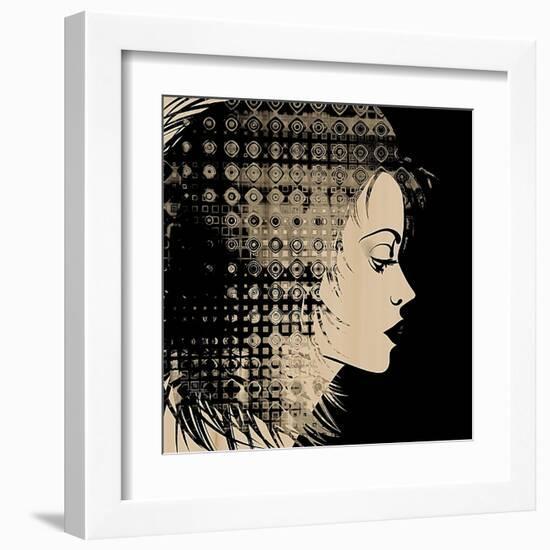 Art Sketched Beautiful Girl Face In Profile With Geometric Ornament Hair On Black Background-Irina QQQ-Framed Art Print