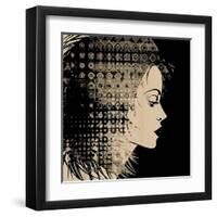 Art Sketched Beautiful Girl Face In Profile With Geometric Ornament Hair On Black Background-Irina QQQ-Framed Art Print