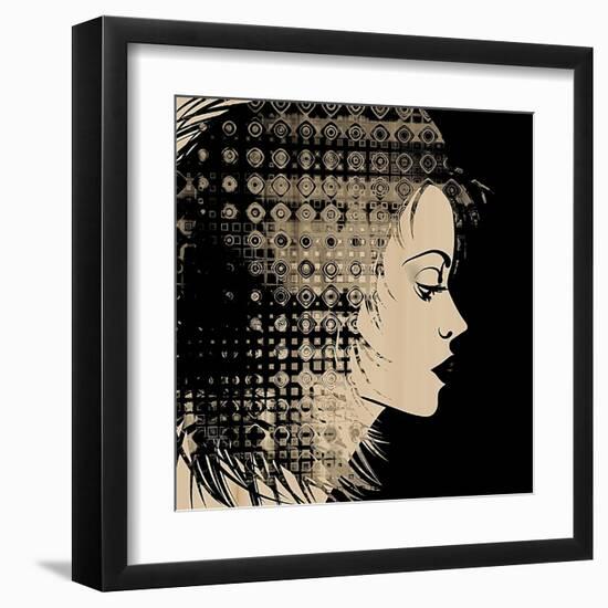 Art Sketched Beautiful Girl Face In Profile With Geometric Ornament Hair On Black Background-Irina QQQ-Framed Art Print