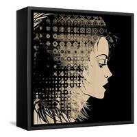 Art Sketched Beautiful Girl Face In Profile With Geometric Ornament Hair On Black Background-Irina QQQ-Framed Stretched Canvas