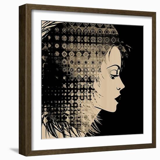 Art Sketched Beautiful Girl Face In Profile With Geometric Ornament Hair On Black Background-Irina QQQ-Framed Art Print