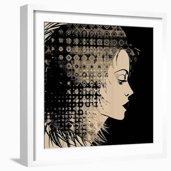 Art Sketched Beautiful Girl Face In Profile With Geometric Ornament Hair On Black Background-Irina QQQ-Framed Art Print