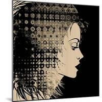 Art Sketched Beautiful Girl Face In Profile With Geometric Ornament Hair On Black Background-Irina QQQ-Mounted Art Print