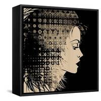 Art Sketched Beautiful Girl Face In Profile With Geometric Ornament Hair On Black Background-Irina QQQ-Framed Stretched Canvas