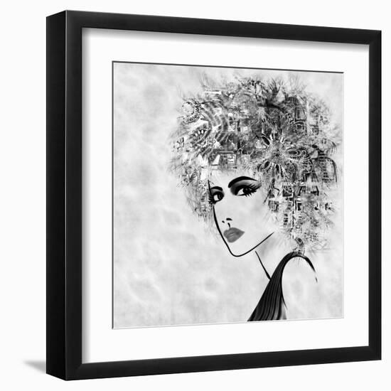 Art Sketched Beautiful Girl Face With Curly Hair And In Profile In Black Graphic-Irina QQQ-Framed Art Print