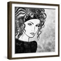 Art Sketched Beautiful Girl Face With Curly Hairs In Black Graphic On White Background-Irina QQQ-Framed Premium Giclee Print