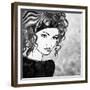 Art Sketched Beautiful Girl Face With Curly Hairs In Black Graphic On White Background-Irina QQQ-Framed Premium Giclee Print